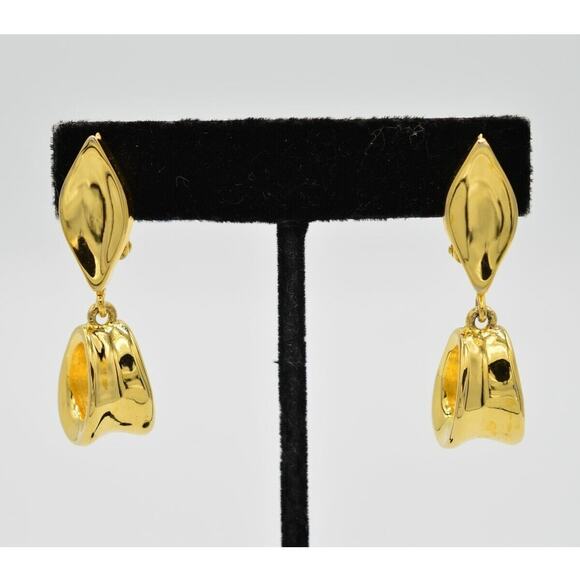 Givenchy Vintage Clip Earrings Metallic Gold Drop Dangle Chunky Signed 1980s 9I - Picture 1 of 11